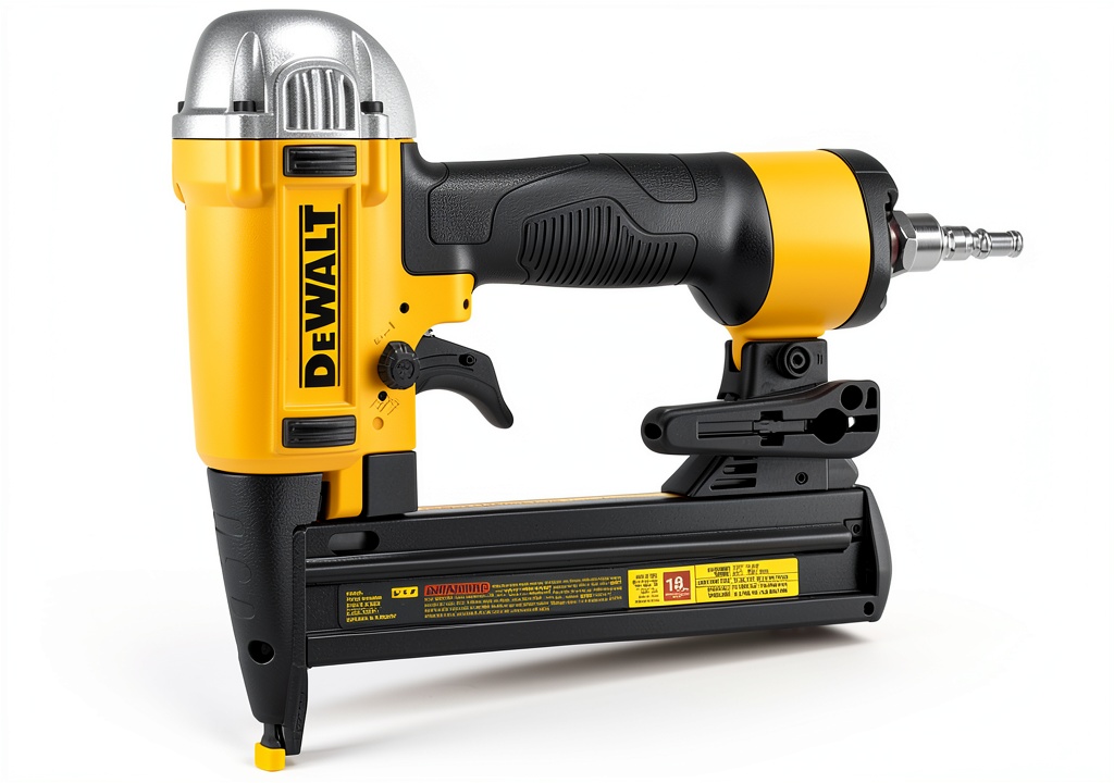 Installing Dewalt Power Finish Stapler DWFP1838R Brown on a wooden desk