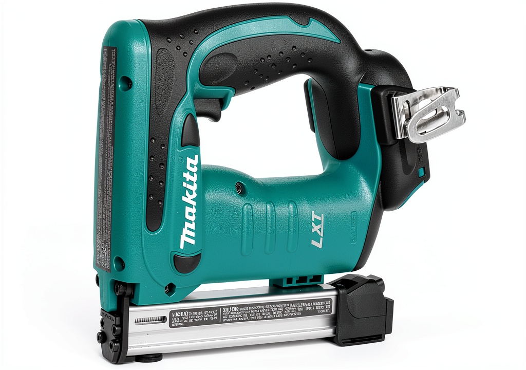 Installing Makita 18V Cordless Crown Stapler Bare Tool on a wooden baseboard