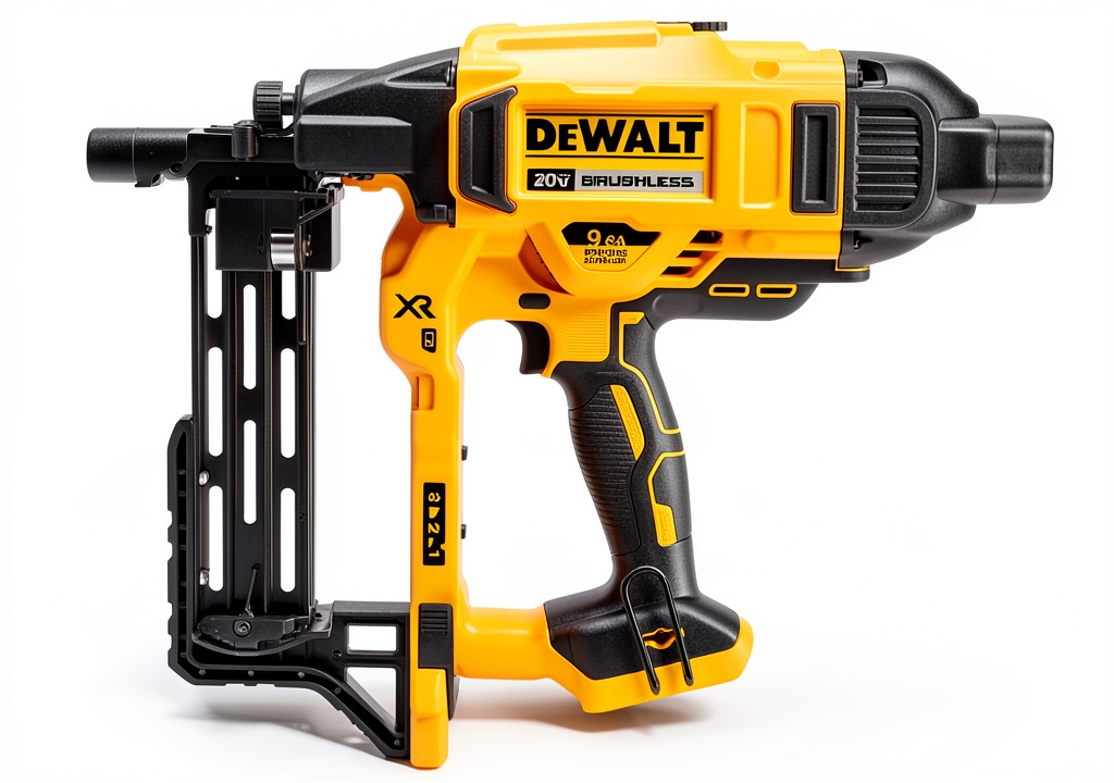 Dewalt 20V Power Finish Stapler in use on a wooden fence